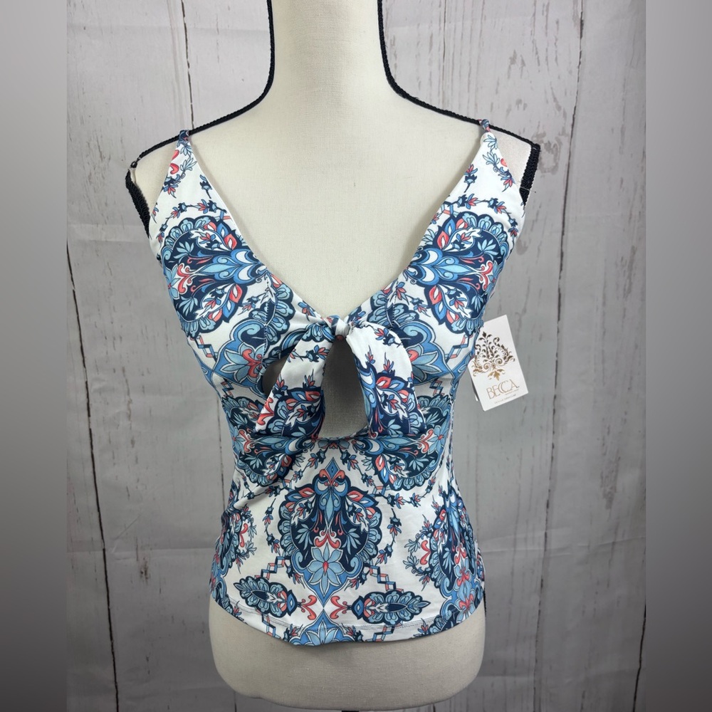 NWT $78 Becca Naples Paisley Keyhole Tankini Top in a Blue and White Colorway
